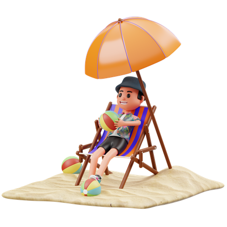 Boy chilling at beach and holding beach ball  3D Icon