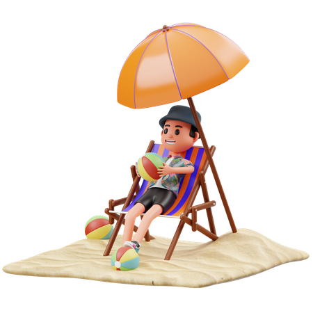Boy chilling at beach and holding beach ball  3D Illustration