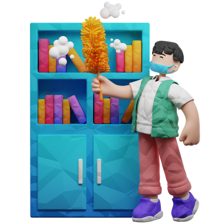 Boy Cleaning Dust On Bookshelf  3D Illustration
