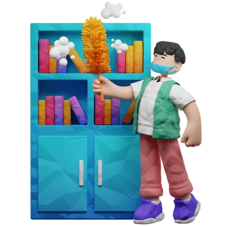 Boy Cleaning Dust On Bookshelf  3D Illustration