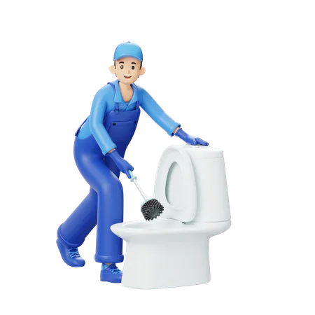 Boy Cleaning Toilet  3D Illustration