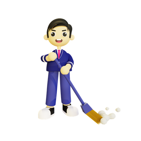 Boy cleaning with broom 3D Illustration