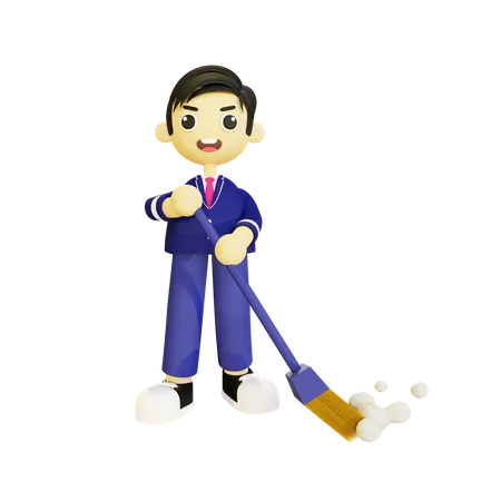 Boy cleaning with broom  3D Illustration