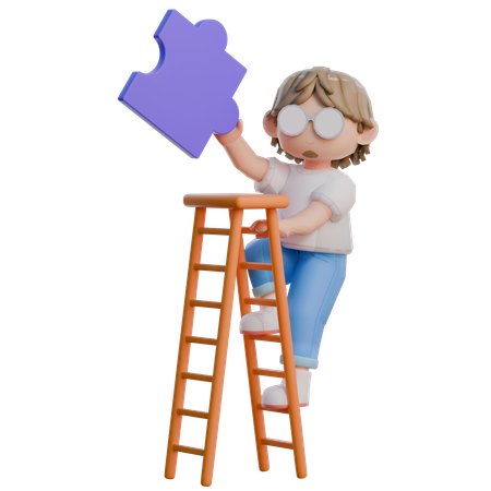 Boy Climbing Ladder While Holding Jigsaw Piece  3D Illustration