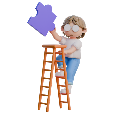 Boy Climbing Ladder While Holding Jigsaw Piece  3D Illustration