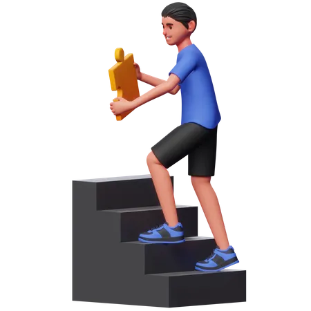 Boy Climbing Success Ladder  3D Illustration