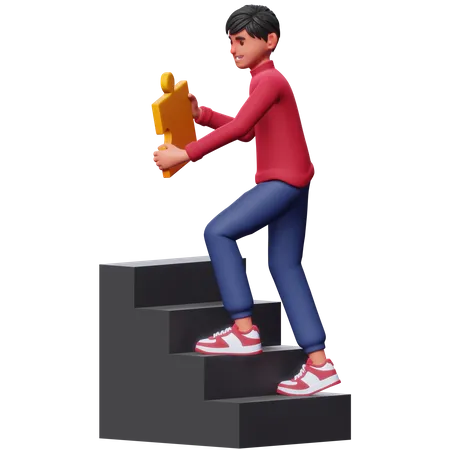 Boy Climbing Success Ladder  3D Illustration