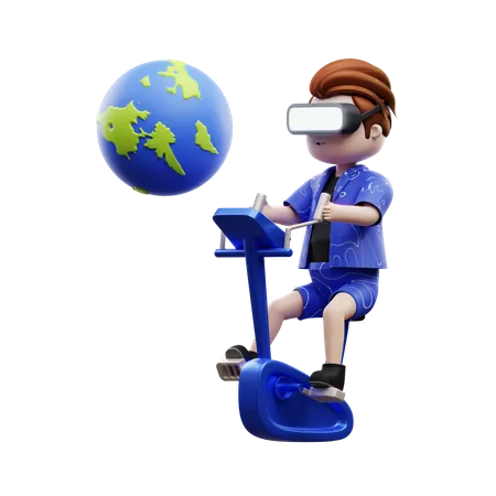 Boy Cycling In Meta World 3D Illustration