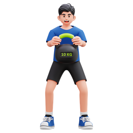 Boy Doing Exercise Using Kettle Ball  3D Illustration