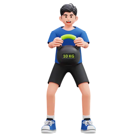 Boy Doing Exercise Using Kettle Ball  3D Illustration