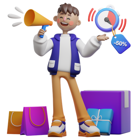 Boy Doing Limited Time Discount Countdown  3D Illustration