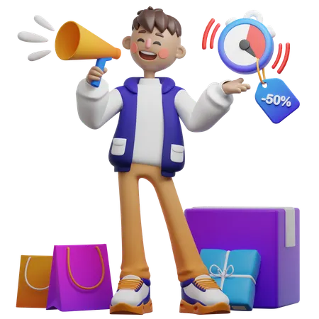 Boy Doing Limited Time Discount Countdown  3D Illustration