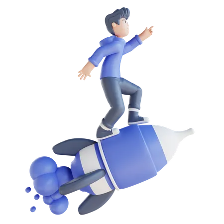 Boy doing new launching on rocket  3D Illustration