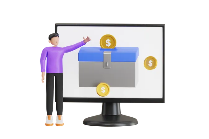Boy Donating Online 3 D Illustration Putting Money In Donation Box Donation Box And Charity Concept 3D Illustration
