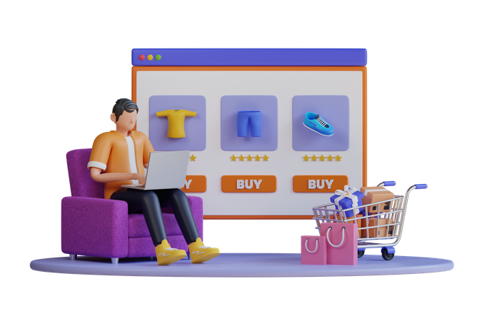 Boy doing online shopping  3D Illustration