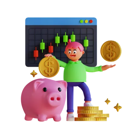 3 D Render Cute Character Doing Saving Investment 3D Illustration