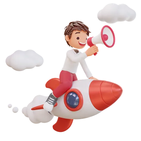 Cute Student Character Is Flying On A Rocket 3D Illustration