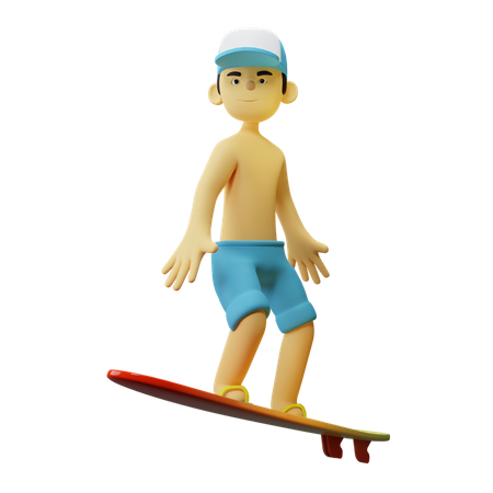Boy doing Surfing on surfboard 3D Illustration