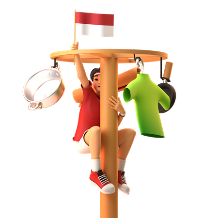 Boy Doing Traditional Panjat Pinang Competition On Indonesia Independence Day  3D Illustration