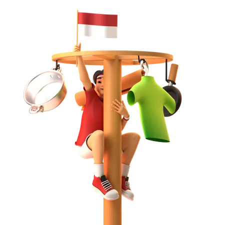 Boy Doing Traditional Panjat Pinang Competition On Indonesia Independence Day  3D Illustration