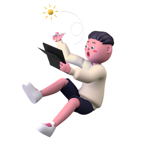 Boy Drawing on Tablet  3D Illustration