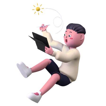 Boy Drawing on Tablet  3D Illustration