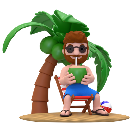 Boy enjoying coconut water on beach  3D Icon