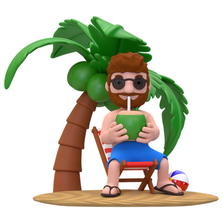 Boy enjoying coconut water on beach  3D Illustration