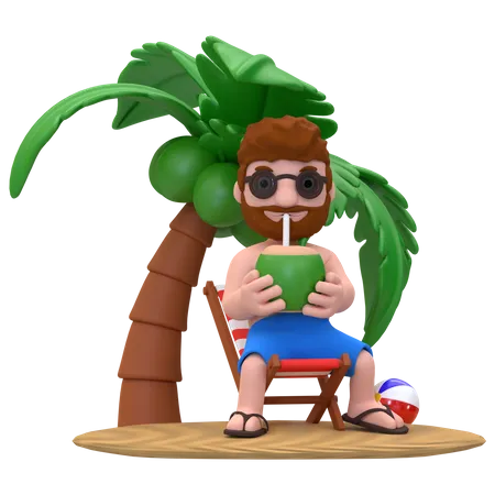 Boy enjoying coconut water on beach  3D Illustration