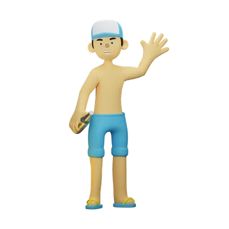 Boy enjoying drink on beach  3D Illustration