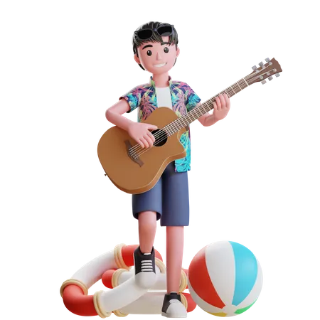 Boy Enjoying music on beach  3D Illustration