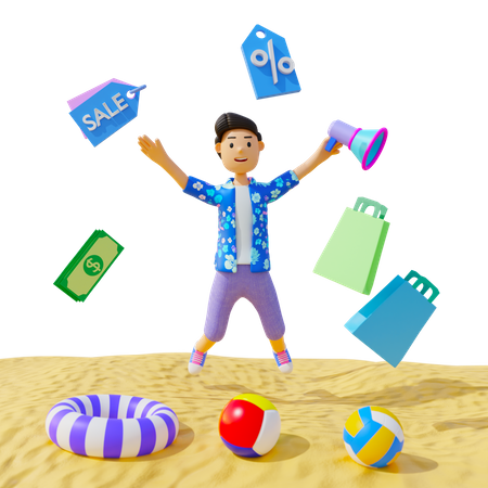 Boy enjoying Shopping discount in summer  3D Illustration