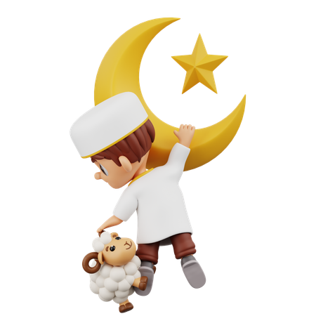 Boy Fell From Crescent Moon With Sheep  3D Illustration