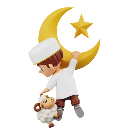 Boy Fell From Crescent Moon With Sheep  3D Illustration
