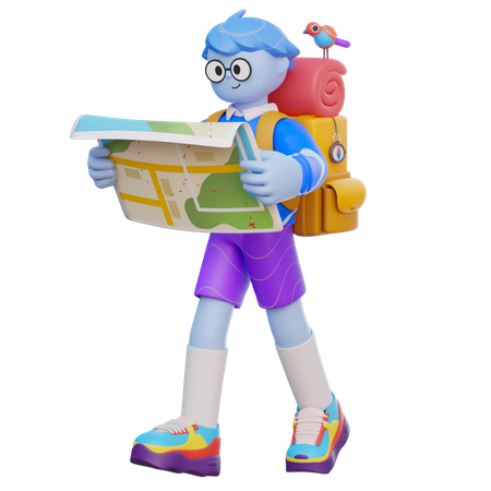 Boy Finding Location On Map  3D Illustration