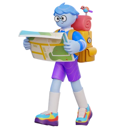 Boy Finding Location On Map  3D Illustration