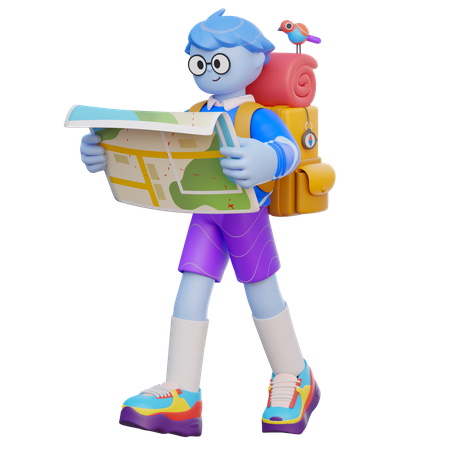 Boy Finding Location On Map 3D Illustration