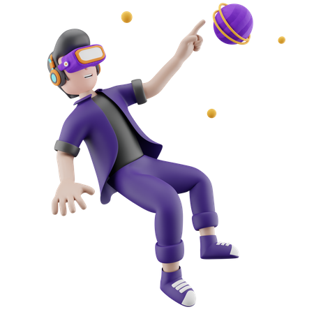 Boy flying and enjoying space using vr headset  3D Illustration