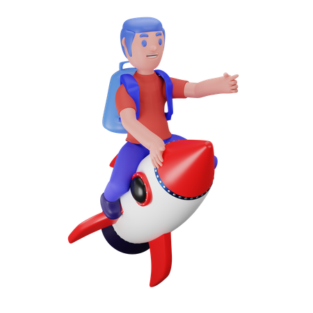 Boy flying on a rocket  3D Illustration