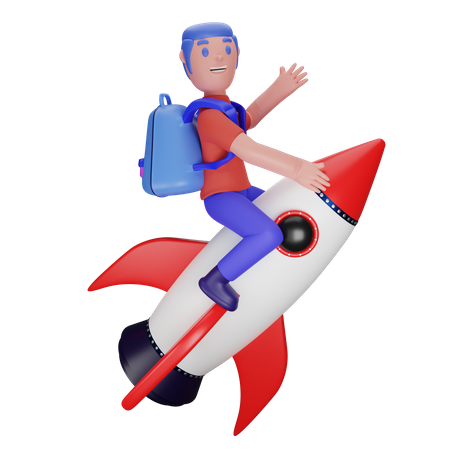 Boy flying on a rocket  3D Illustration