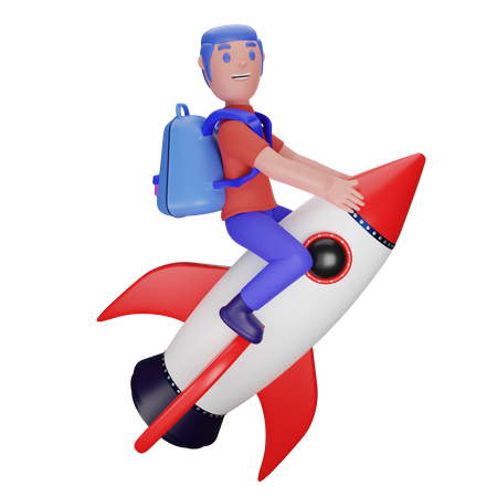 Boy flying on a rocket  3D Illustration