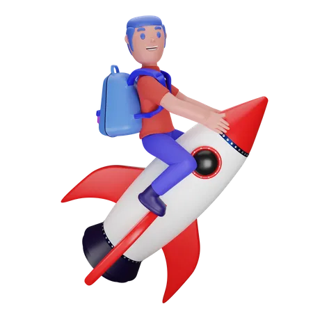 Boy flying on a rocket  3D Illustration