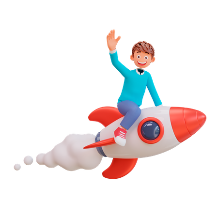 Boy flying on a rocket  3D Illustration