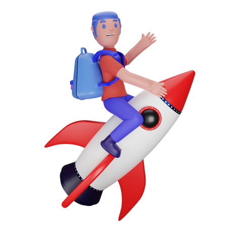 Boy flying on a rocket 3D Illustration
