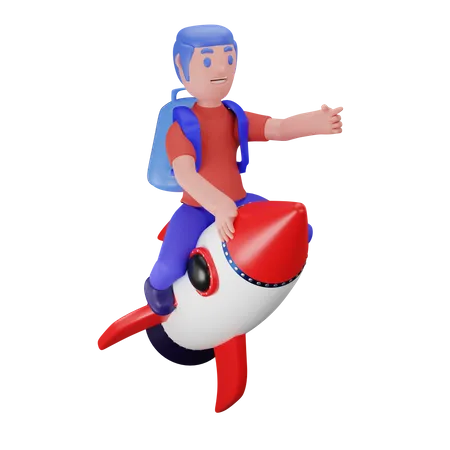 Boy flying on a rocket 3D Illustration