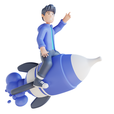 Boy flying on rocket 3D Illustration