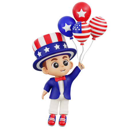 Boy Flying With American Balloons  3D Illustration