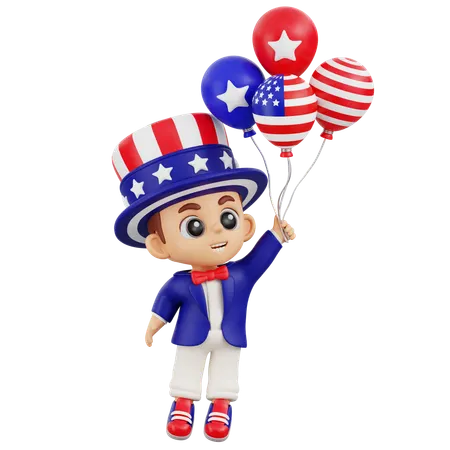 Boy Flying With American Balloons  3D Illustration