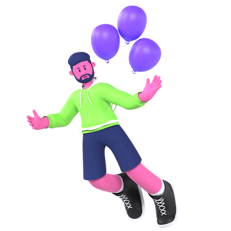 Boy Flying With Balloons  3D Illustration