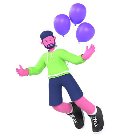 Boy Flying With Balloons  3D Illustration